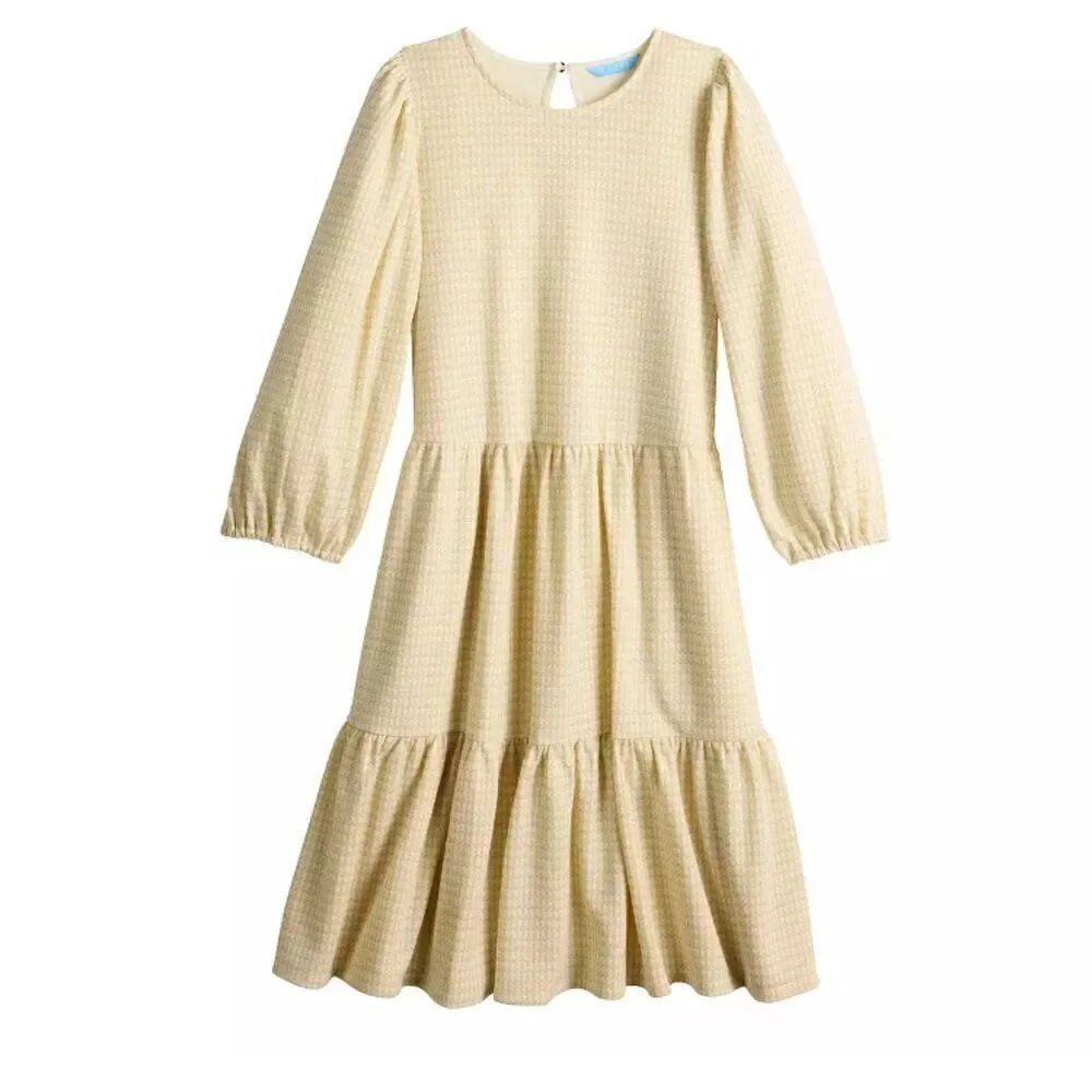 NWT! Draper James Tiered Gold Cream Shimmer 3/4 Puff Sleeve Mini Dress Sz XXL